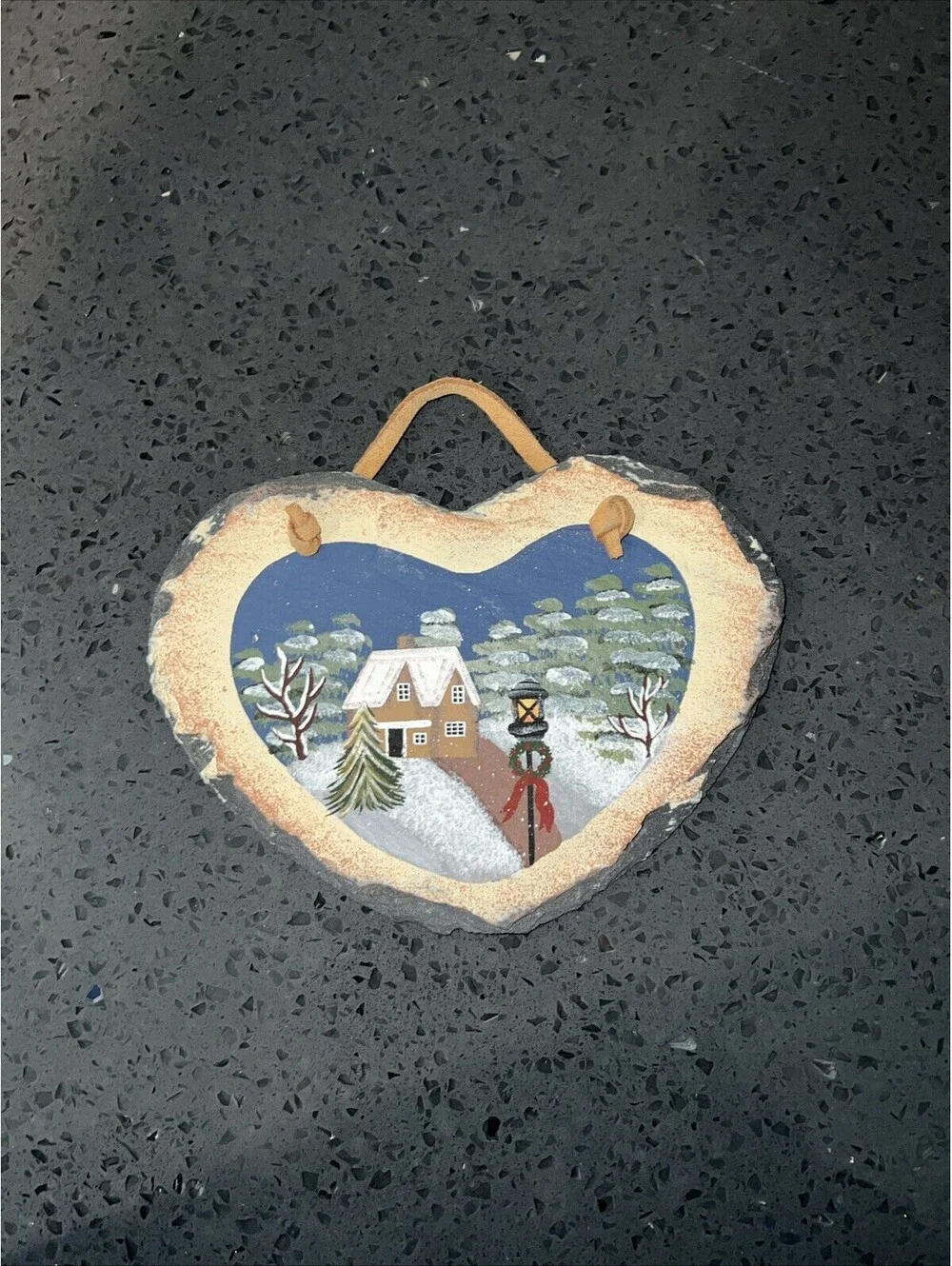 Heart Shaped Slate Wall Hanging Piece Painted W/Winter Scene House, Tree, Wreath